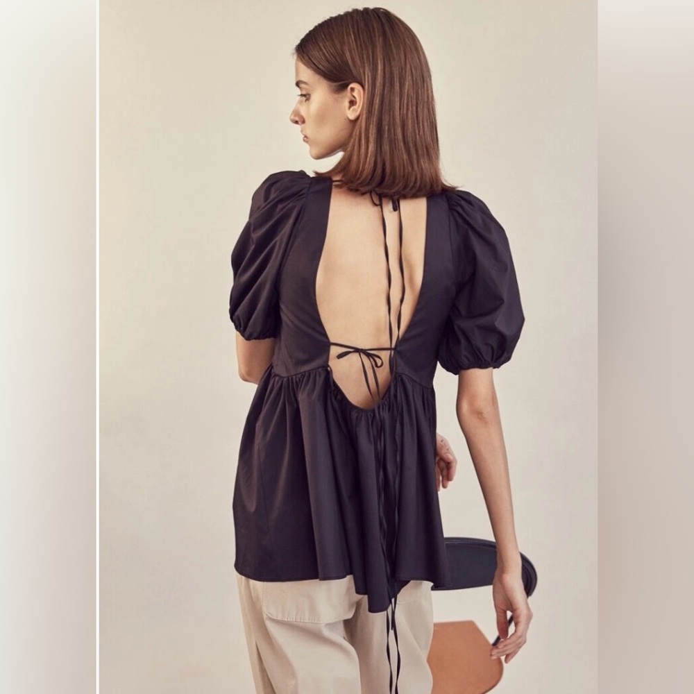 HARSHMAN Black Puff Sleeve
Peplum Arensberg Top Open Back
Sz S Anthropologie
